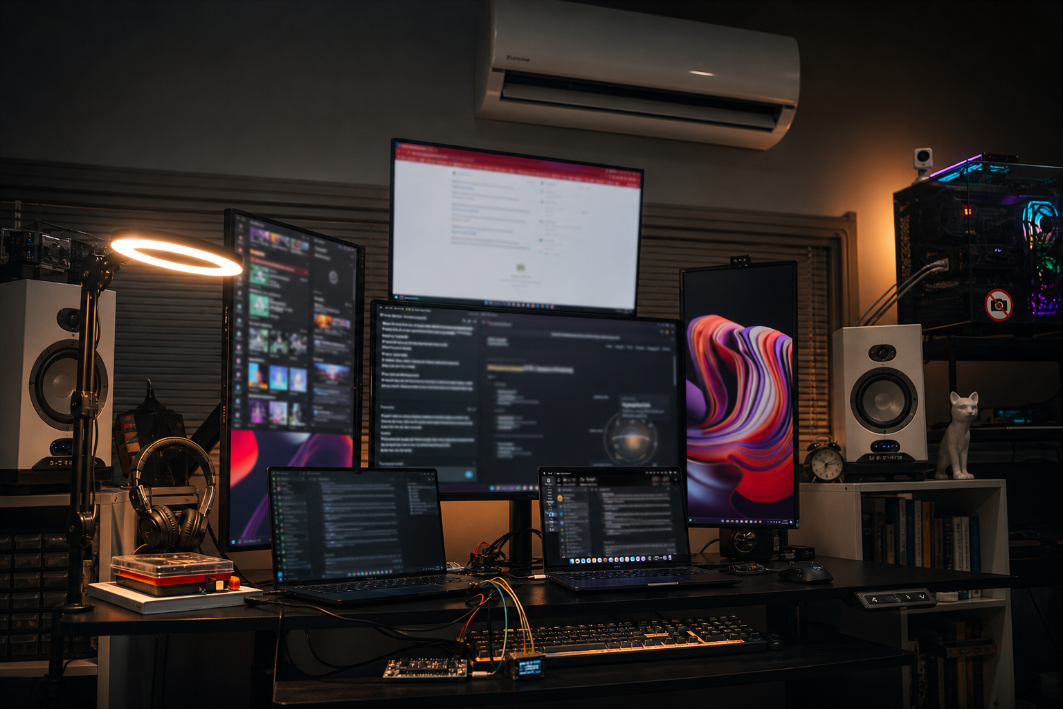 Aria Rahimi builder environment with HVAC equipment, multi-screen workstation, hardware prototyping, and electronics bench tools.